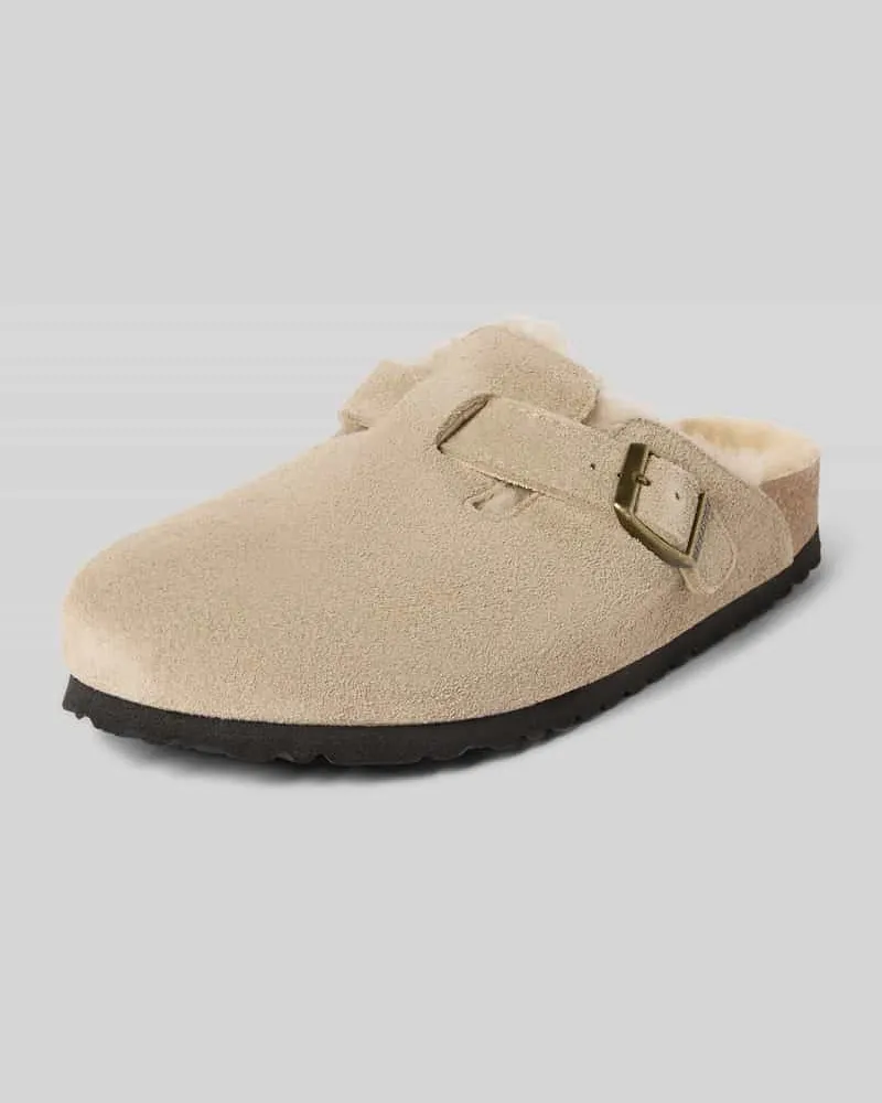 Birkenstock Hausschuhe aus echtem Leder mit Fell-Besatz Modell 'BOSTON Taupe