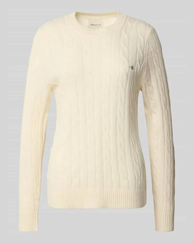 Gant Strickpullover mit Zopfmuster und Label-Stitching Offwhite