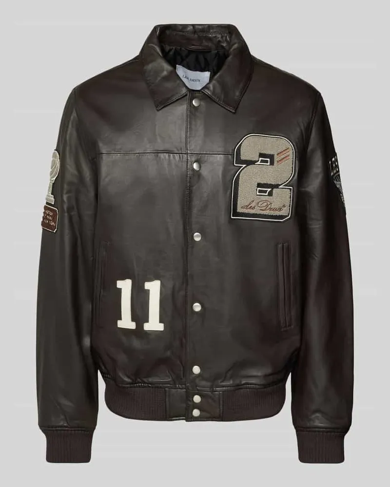 LES DEUX Relaxed Fit Lederjacke mit Frottee-Patches Mittelbraun