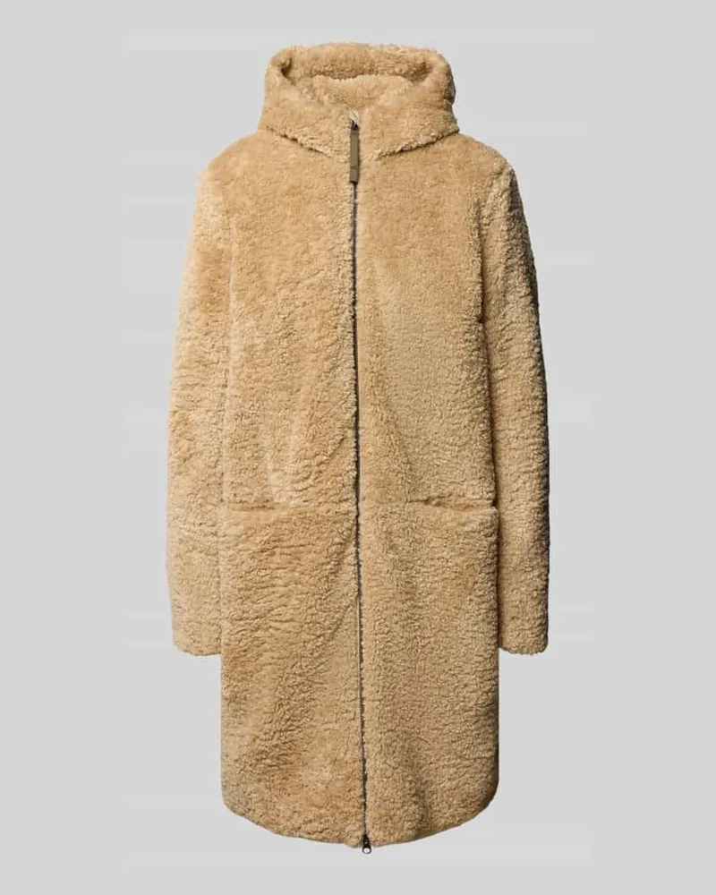 Camel Active Mantel aus Teddyfell mit Kapuze und Zweiwege-Reißverschluss Beige