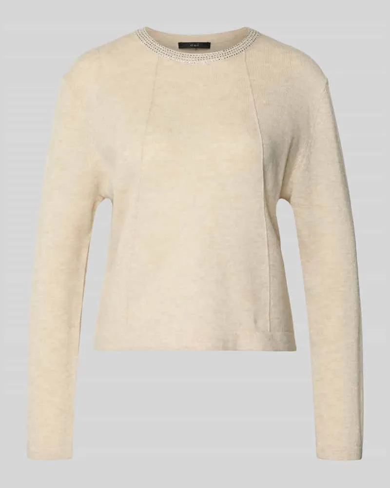 Oui  Strickpullover aus Woll-Mix mit Ziersteinbesatz Offwhite