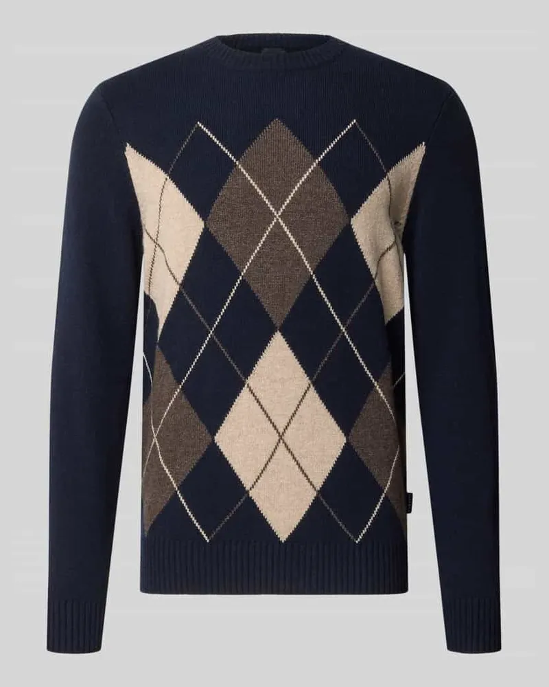 Bugatti Regular Fit Strickpullover aus Woll-Mix mit Karo-Muster Marine