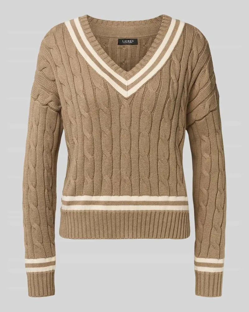 Ralph Lauren Strickpullover mit Zopfmuster und V-Ausschnitt Modell 'TEDURPH Ecru