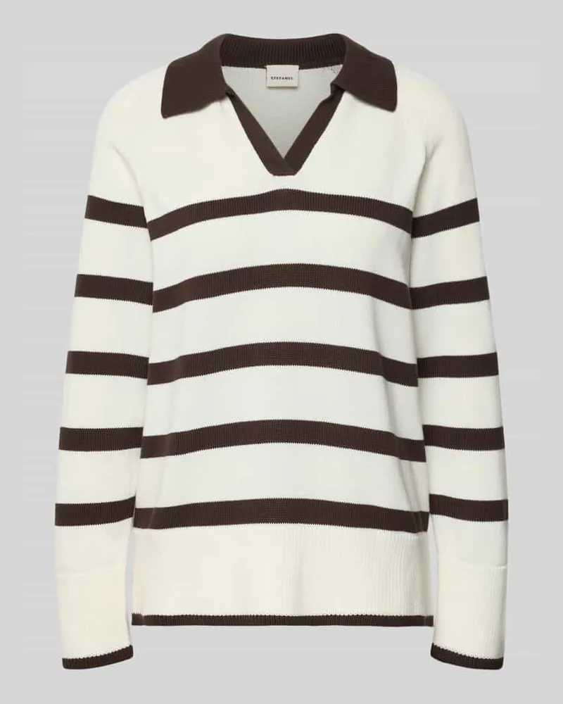 Stefanel Gestreifter Pullover mit Polokragen Mittelbraun