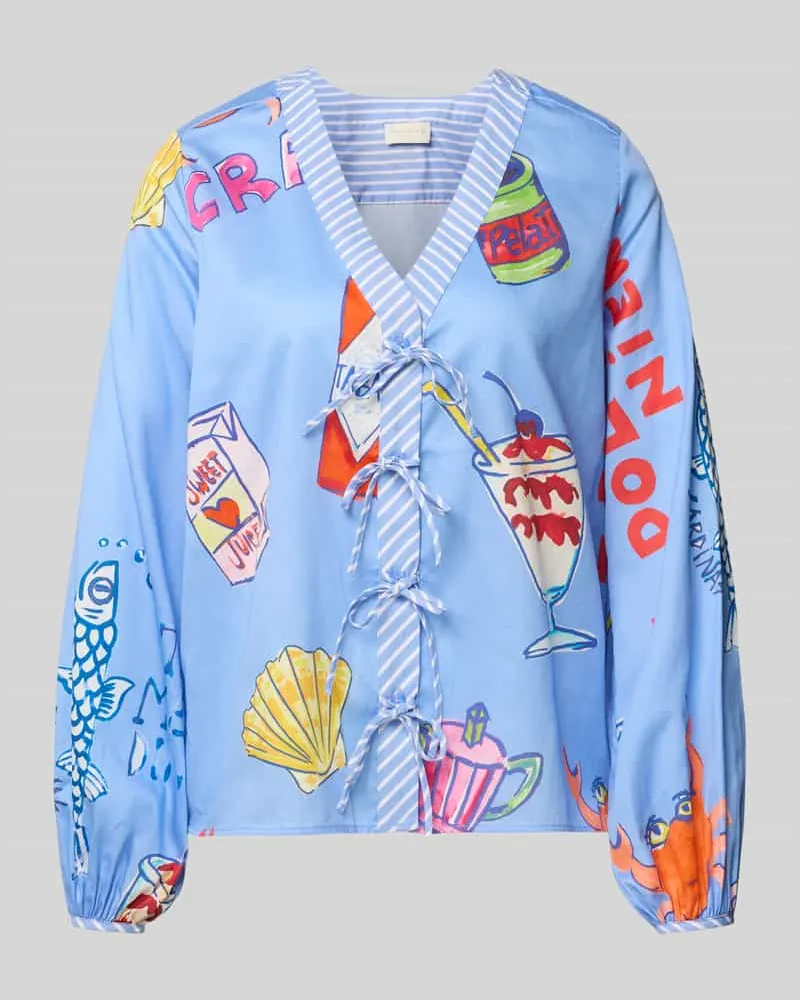 Milano Italy Bluse mit Schnürung und V-Ausschnitt Hellblau