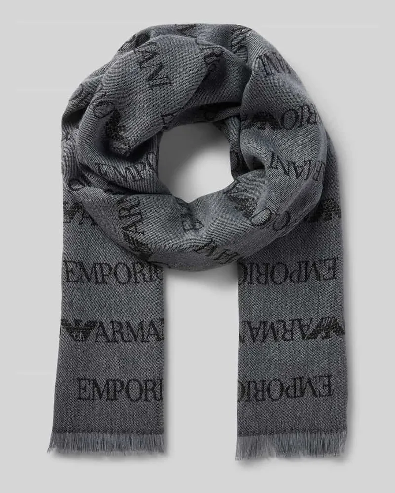 Emporio Armani Schal aus Schurwolle mit Logo-Muster und Fransen Hellgrau