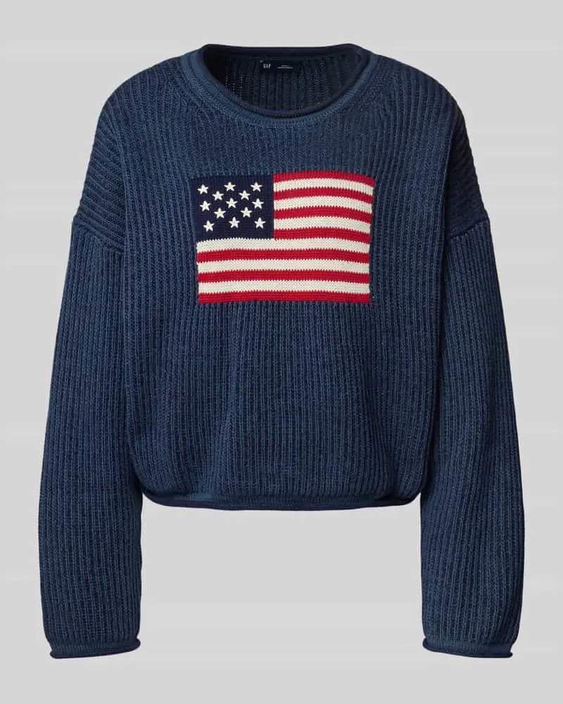 GAP Regular Fit Strickpullover mit Motiv-Stitching Modell 'Americana Dunkelblau