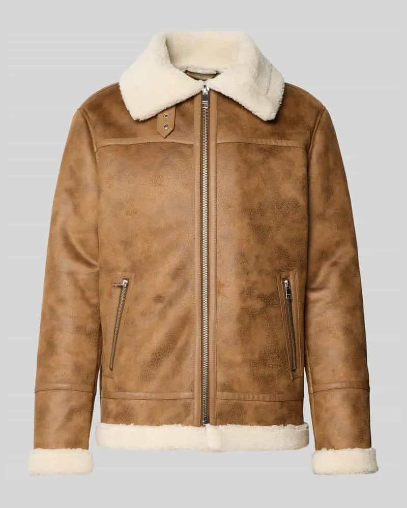 McNeal Regular Fit Jacke mit Kunstfellkragen in Leder-Optik Cognac