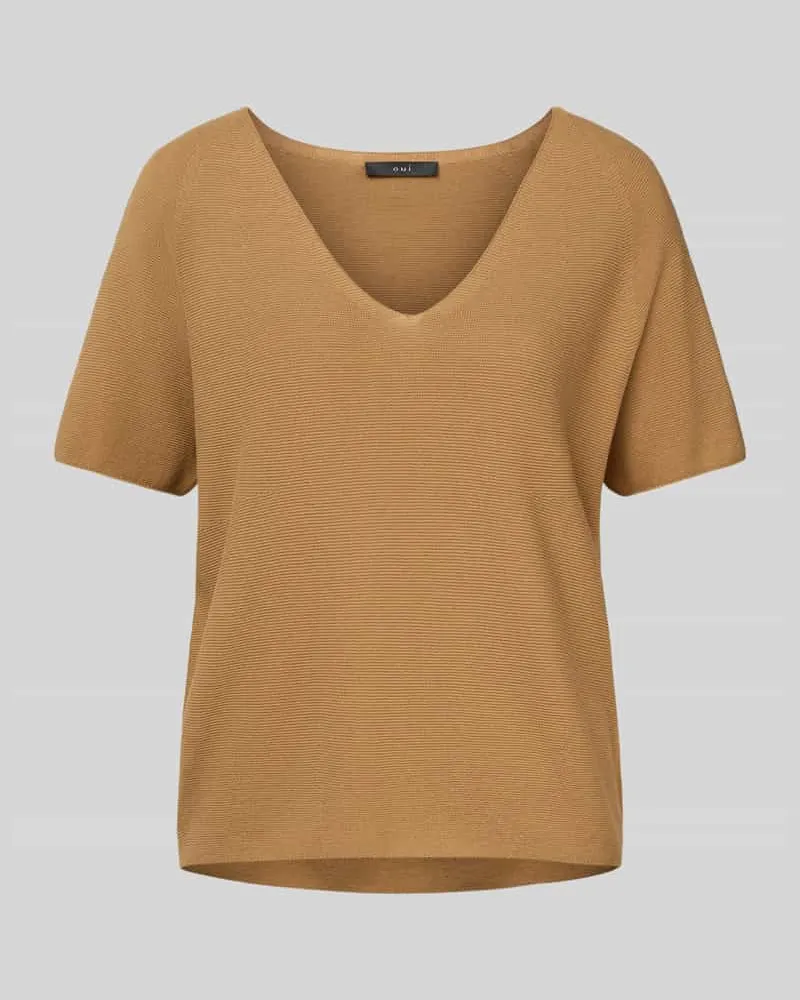 Oui  Strickshirt mit V-Ausschnitt Camel