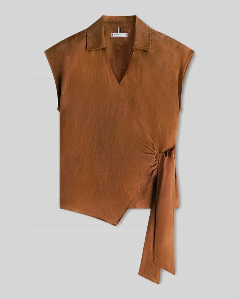 Tommy Hilfiger Regular Fit Leinenbluse in Wickeloptik Mittelbraun