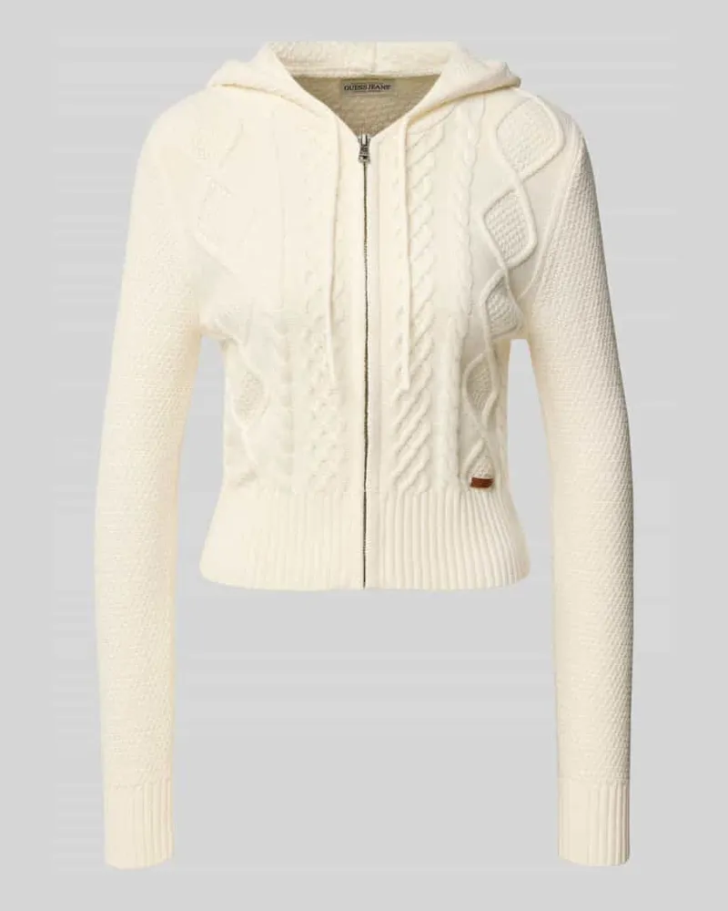Guess Slim Fit Strickjacke aus Baumwoll-Woll-Mix mit Zopfmuster Ecru