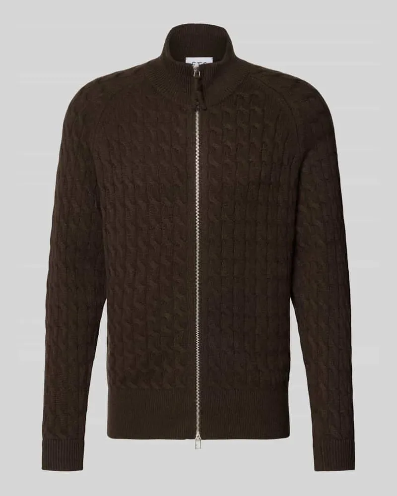 FTC Cashmere Regular Fit Strickjacke aus reinem Kaschmir mit Zopfmuster Dunkelbraun