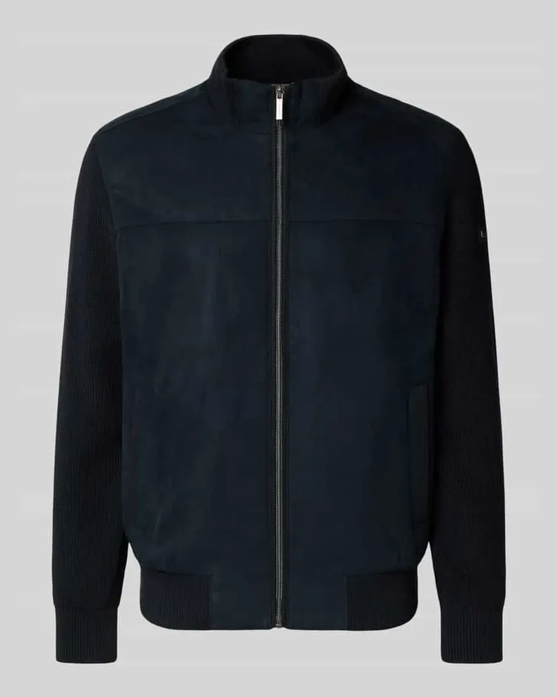 Bugatti Strickjacke mit Velourfront und Stehkragen Marine