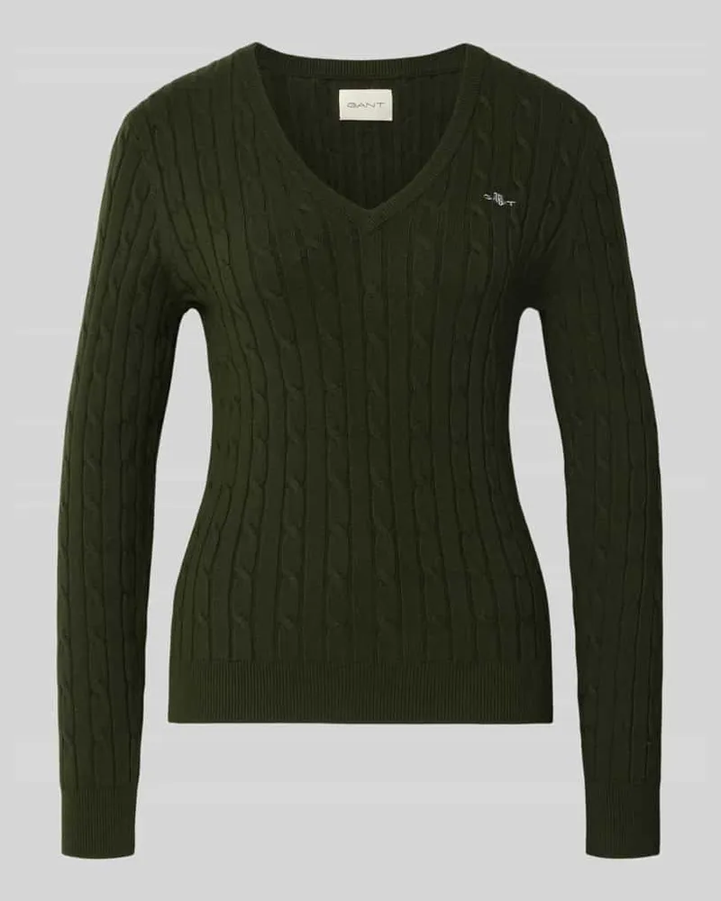 Gant Strickpullover mit V-Ausschnitt und Logo-Stitching Dunkelgruen