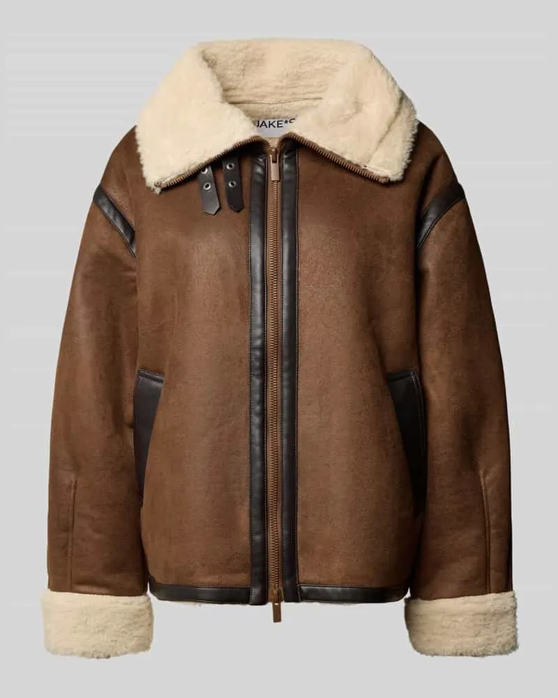 JAKE*S Relaxed Fit Jacke mit Zweiwege-Reißverschluss und Kunstfell Dunkelbraun