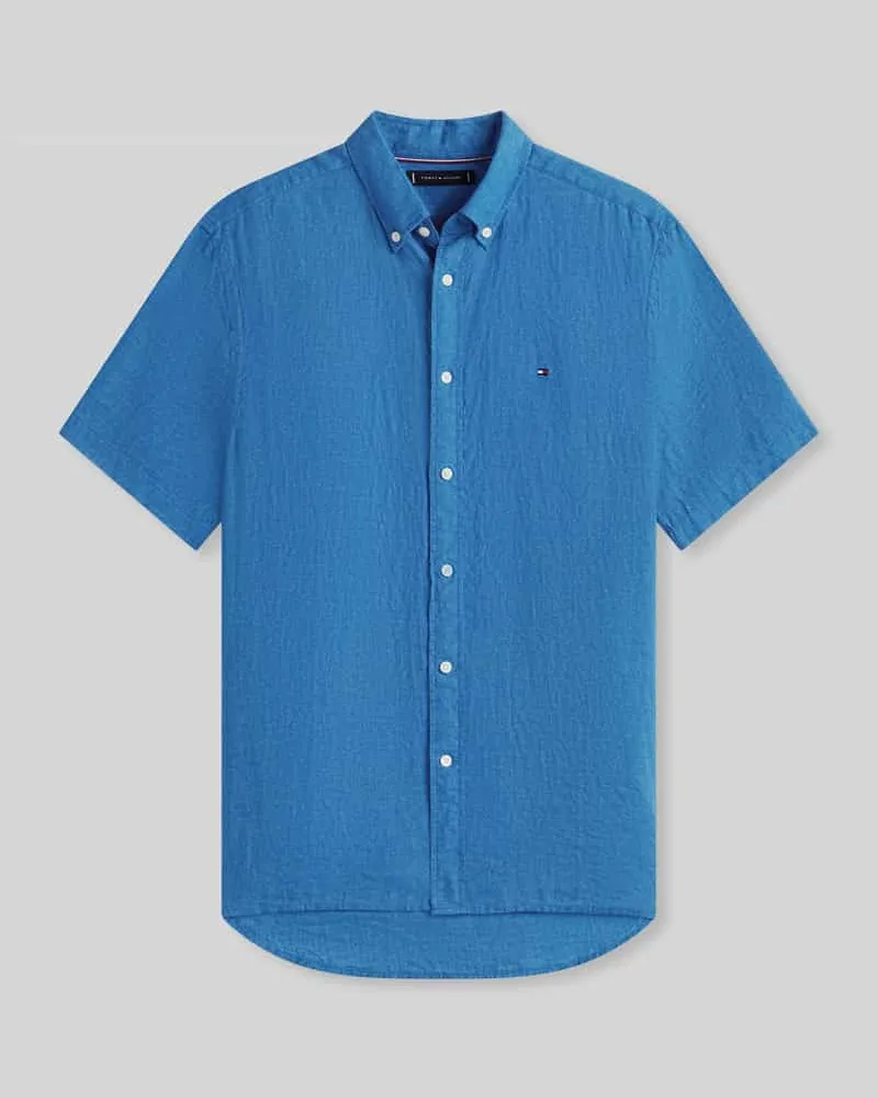 Tommy Hilfiger Regular Fit Kurzarmhemd aus reinem Leinen Jeansblau