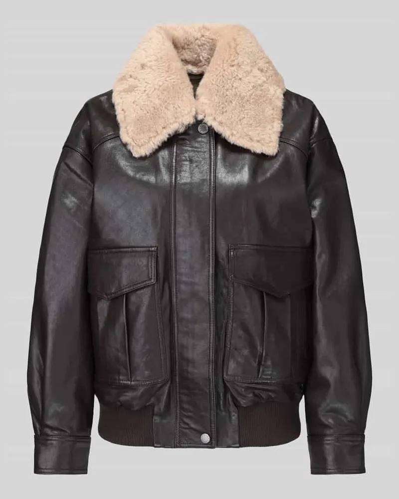 Max Mara Regular Fit Lederjacke mit abnehmbarem Fellkragen Dunkelbraun