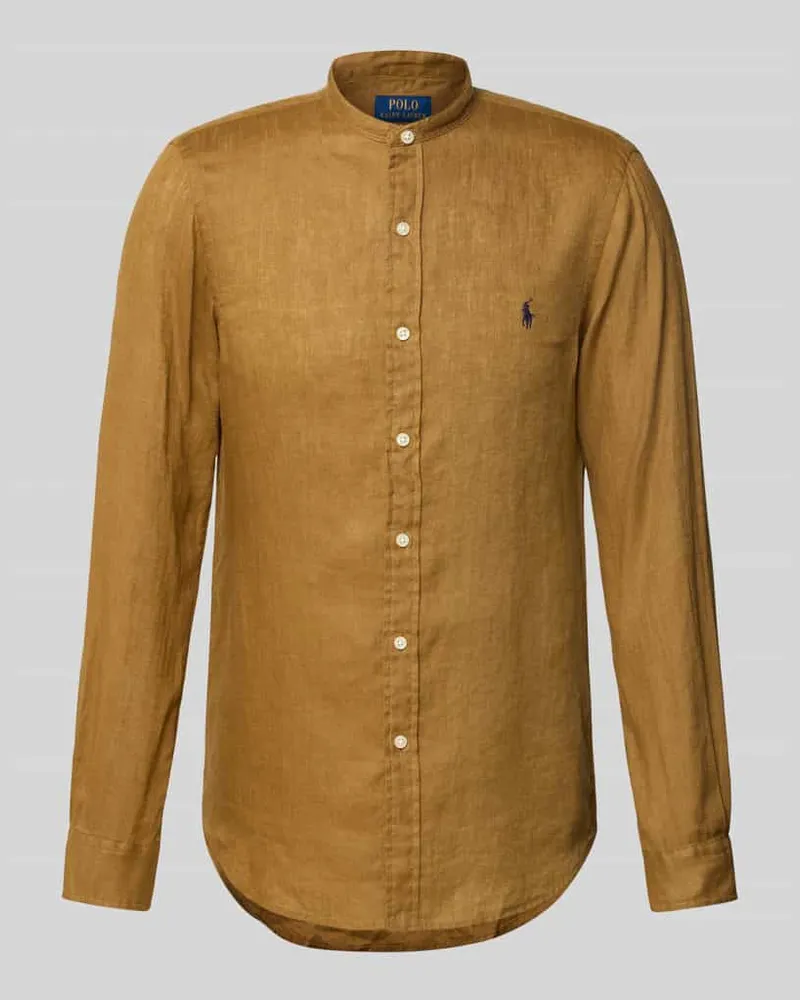 Ralph Lauren Slim Fit Leinenhemd mit Stehkragen Dunkelbraun