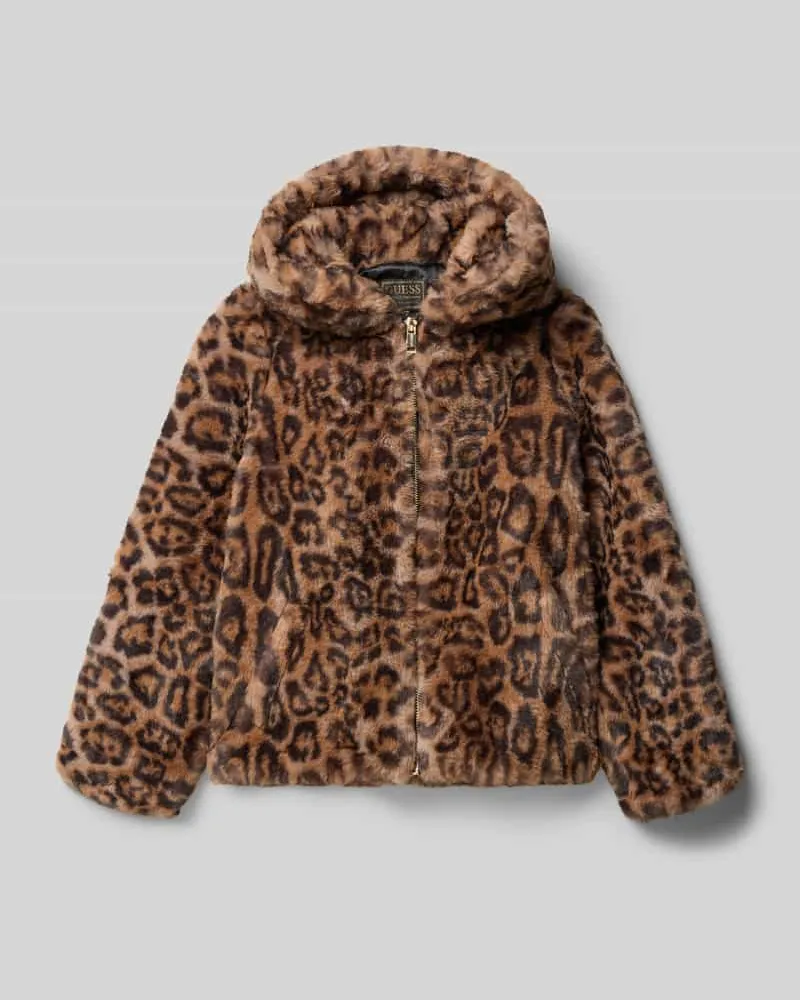 Guess Regular Fit Jacke aus Kunstfell mit Allover Animal-Print Black