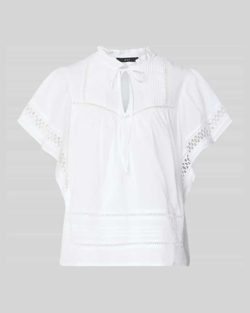 Oui  Regular Fit Bluse mit Schnürung und Lochstickerei Weiss