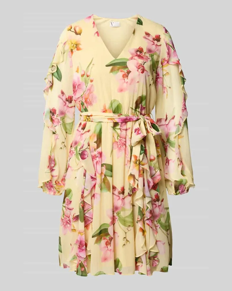 Vera Mont Knielanges Cocktailkleid mit Chiffons und Bindegürtel Gelb