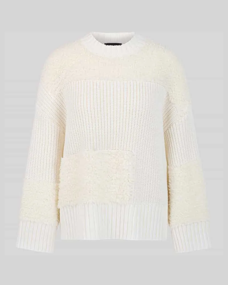 Marc Cain Pullover aus Schurwolle mit Teddy-Einsätzen Offwhite