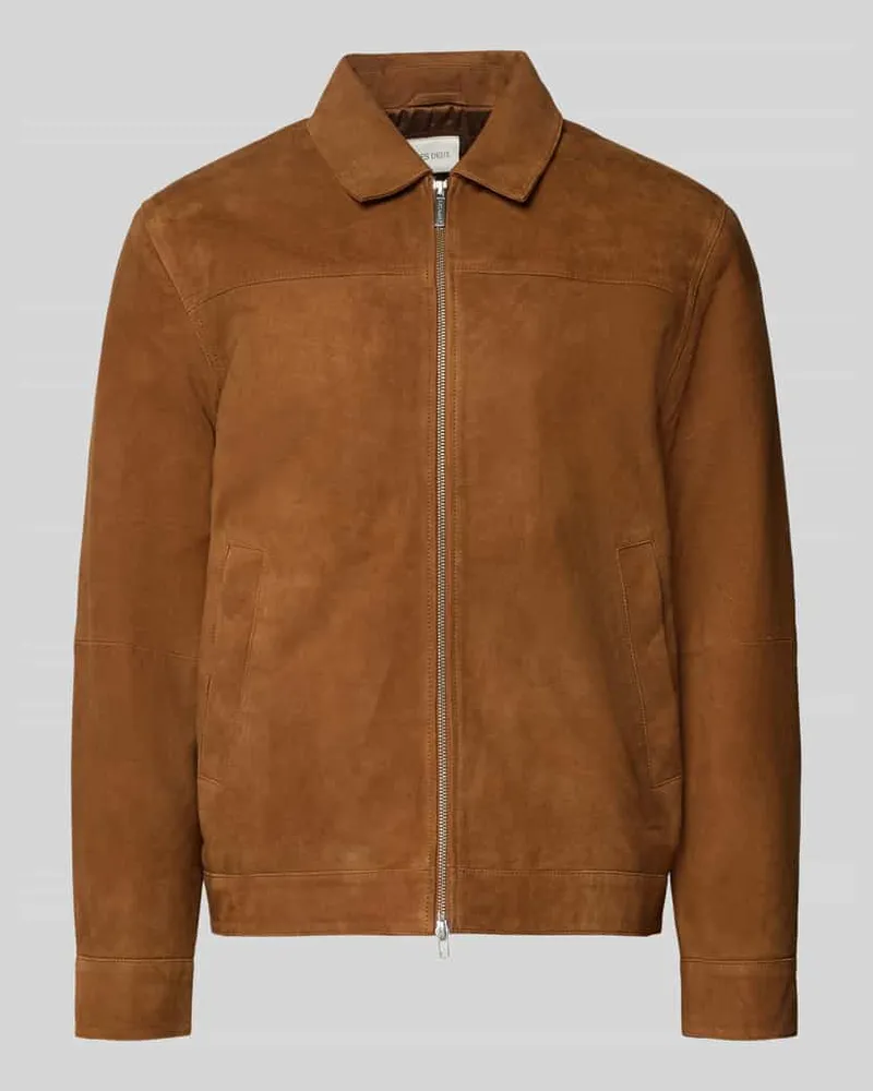 LES DEUX Lederjacke aus Ziegenvelours mit Zweiwege-Reißverschluss Mittelbraun