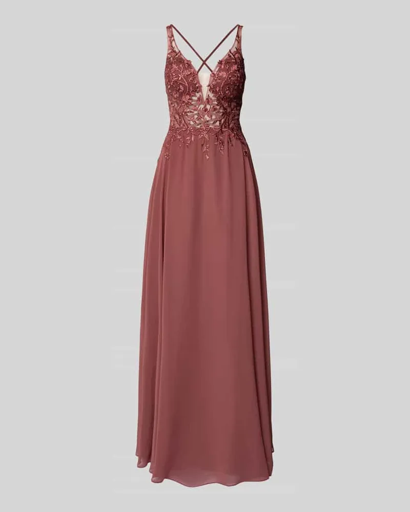 LUXUAR Abendkleid mit Spitze und Strasssteinbesatz Hellrot