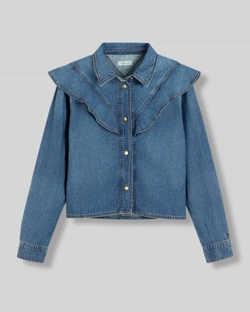 Tommy Hilfiger Regular Fit Jeansbluse aus reiner Baumwolle mit Volants Jeansblau