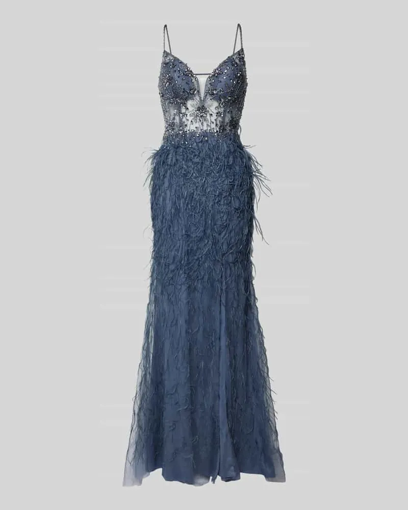LUXUAR Abendkleid mit Fransen Rauchblau