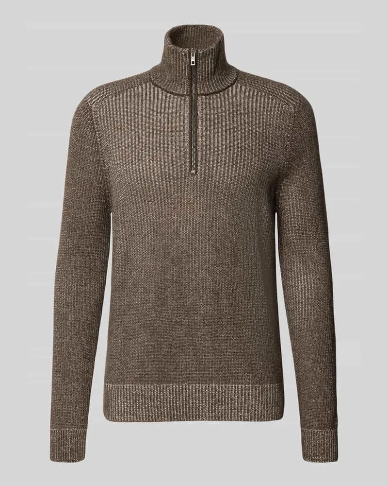 Maerz Strickpullover aus Schafswolle mit Troyer-Kragen Dunkelbraun