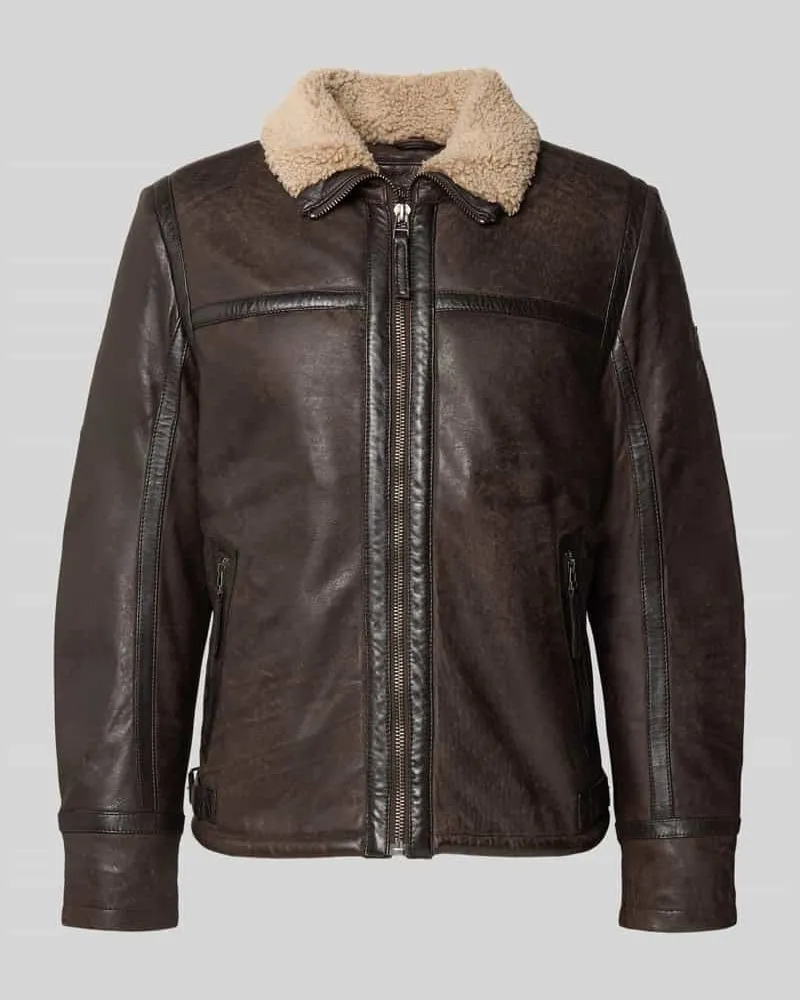 Mauritius Lederjacke aus Schafsnappa mit Reißverschlusstaschen Dunkelbraun