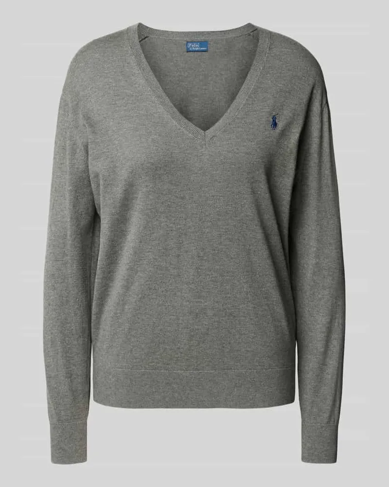 Ralph Lauren Strickpullover mit Logo-Stitching und V-Ausschnitt Mittelgrau