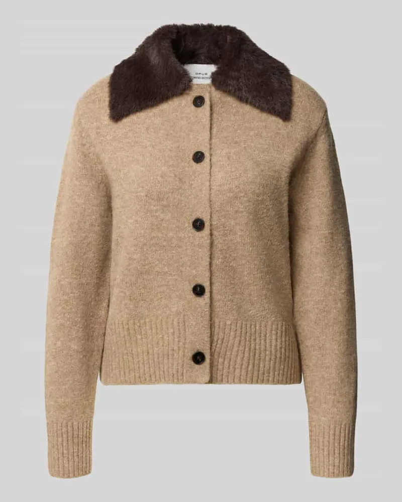 OPUS Strickjacke aus Wollmix mit Webpelzkragen Modell 'Dofur Camel
