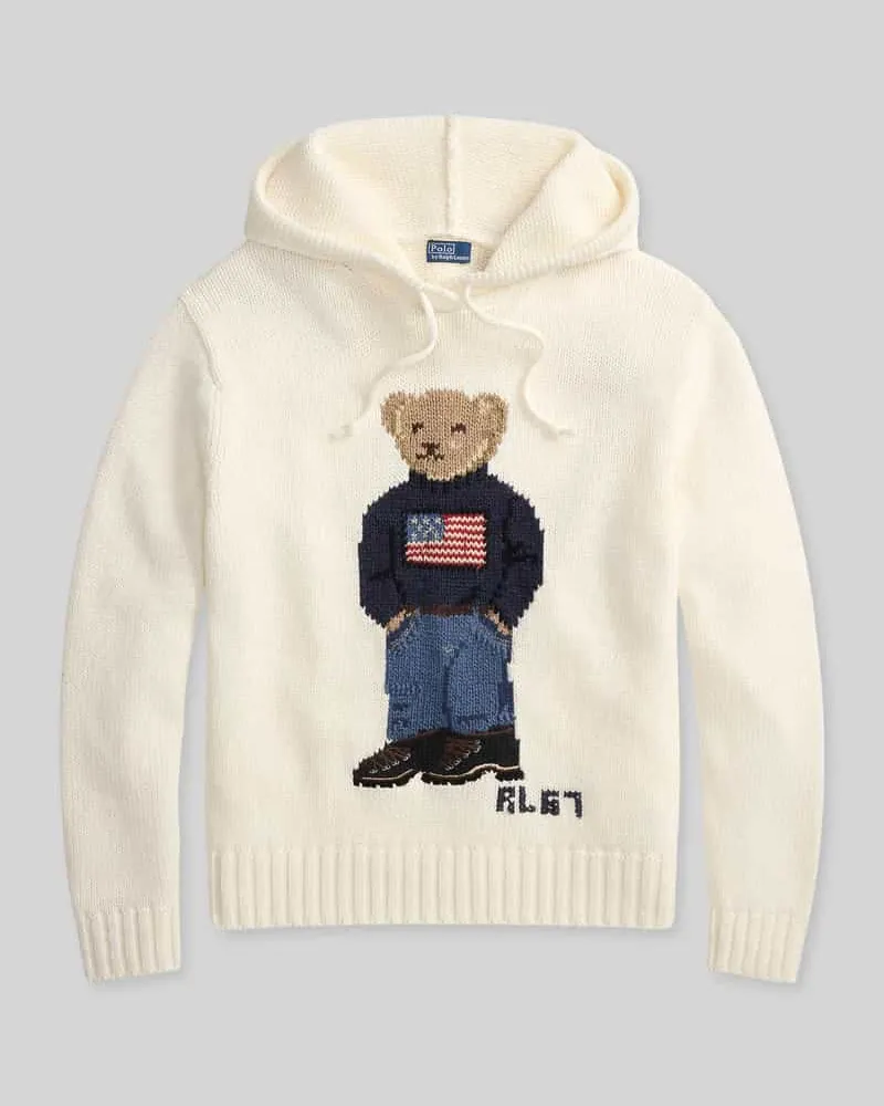 Ralph Lauren Comfort Fit Strick-Hoodie mit Polo-Bear-Intarsia Ecru