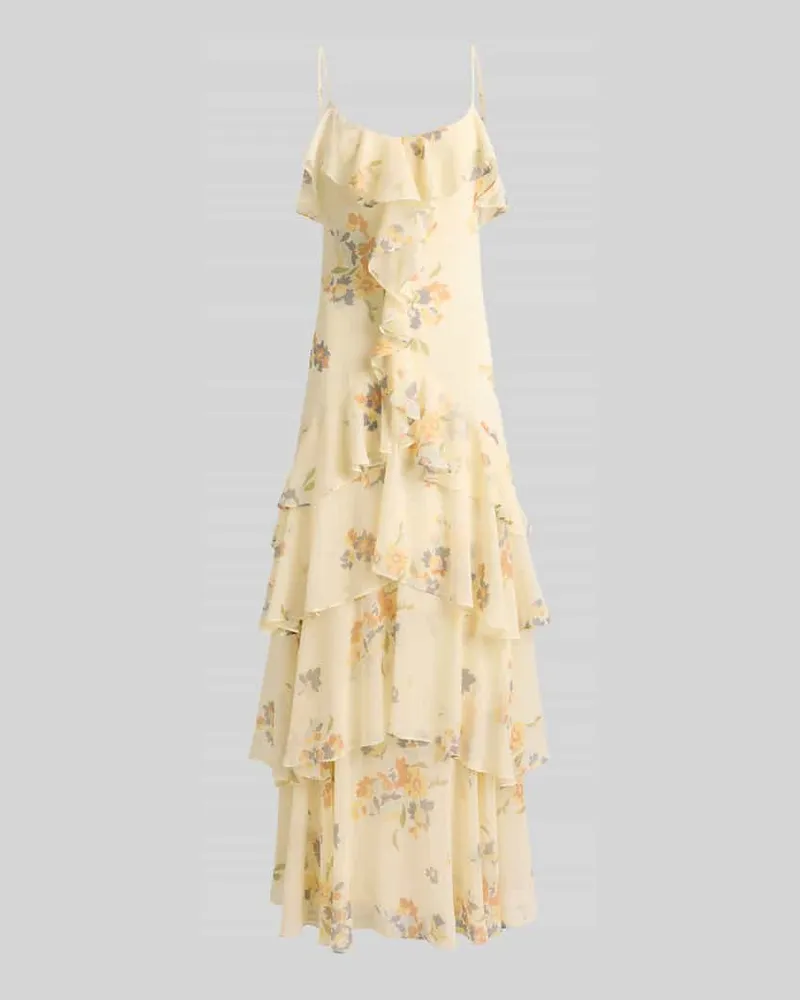Ralph Lauren Fit and Flare Abendkleid mit Spaghettiträgern und Volants Ecru