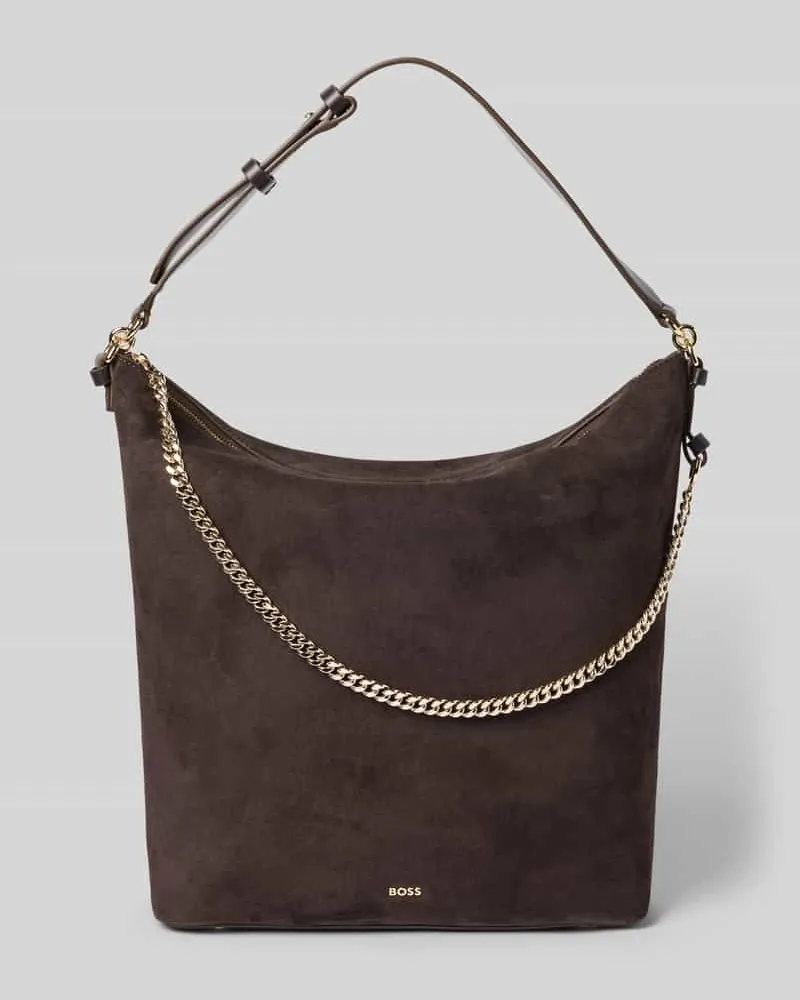 HUGO BOSS Umhängetasche mit goldfarbener Kette Modell 'Yelena Hobo Dunkelbraun