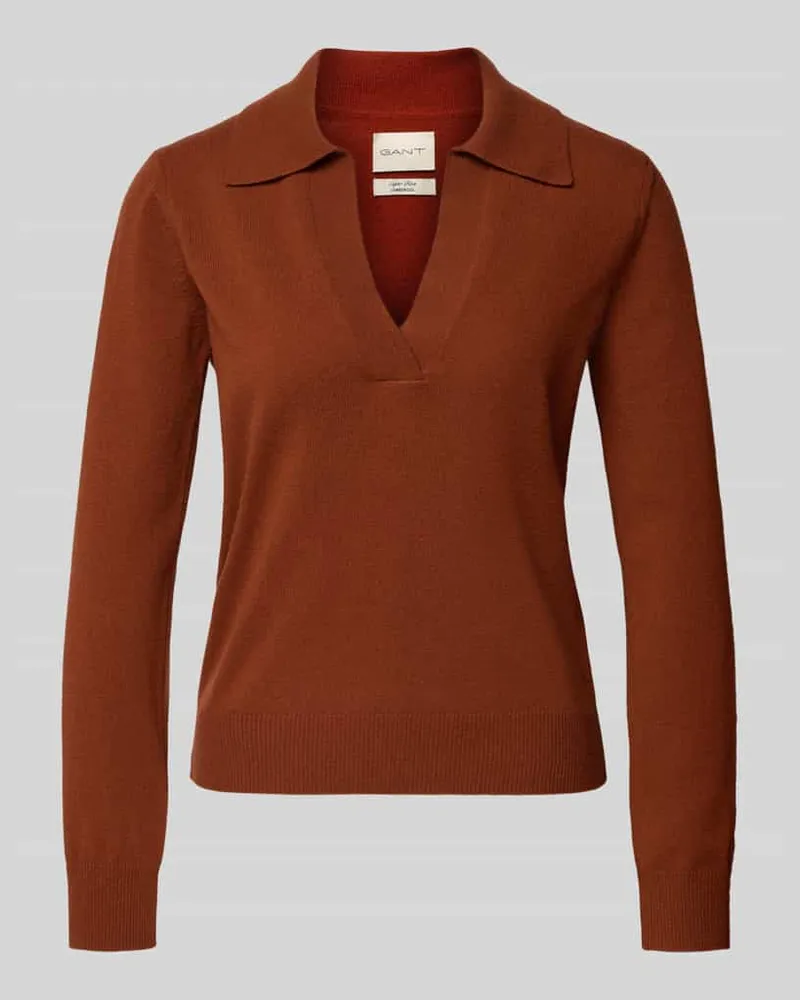 Gant Strickpullover aus Wolle mit Umlegekragen und V-Ausschnitt Rostrot