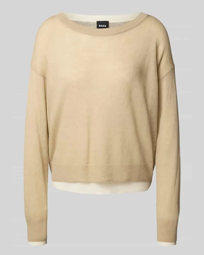 HUGO BOSS Relaxed Fit Strickpullover aus Woll-Mix Modell 'FEMOK Beige