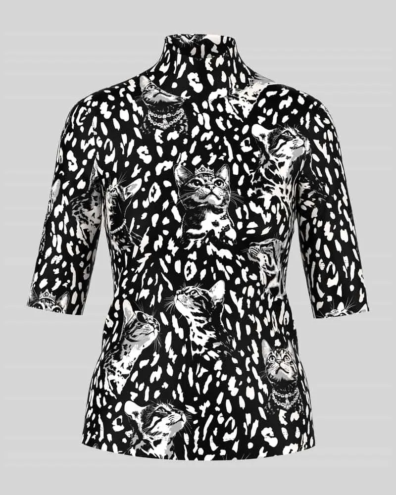 Marc Cain T-Shirt mit Katzenmotiv-Stehkragen Black