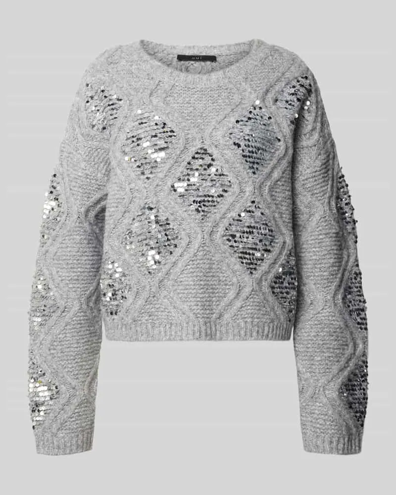 Oui  Strickpullover mit Pailletten und Rundhalsausschnitt Hellgrau