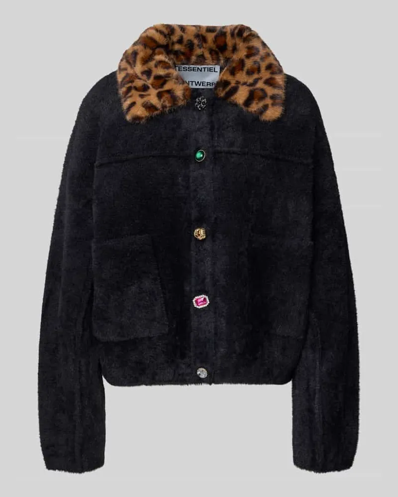 Essentiel Loose Fit Webpelzjacke mit abnehmbarem Fly-Away-Kragen Black