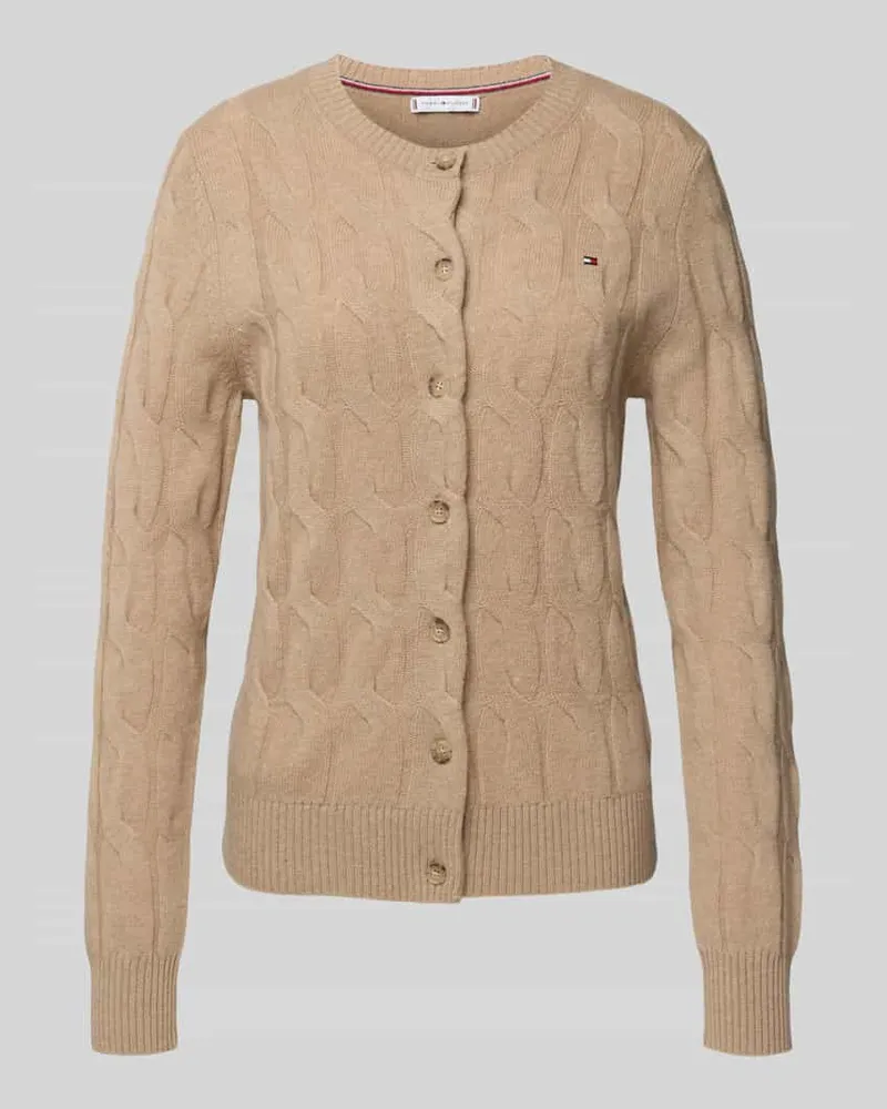 Tommy Hilfiger Regular Fit Strickjacke mit Zopf-Muster aus reiner Wolle Camel
