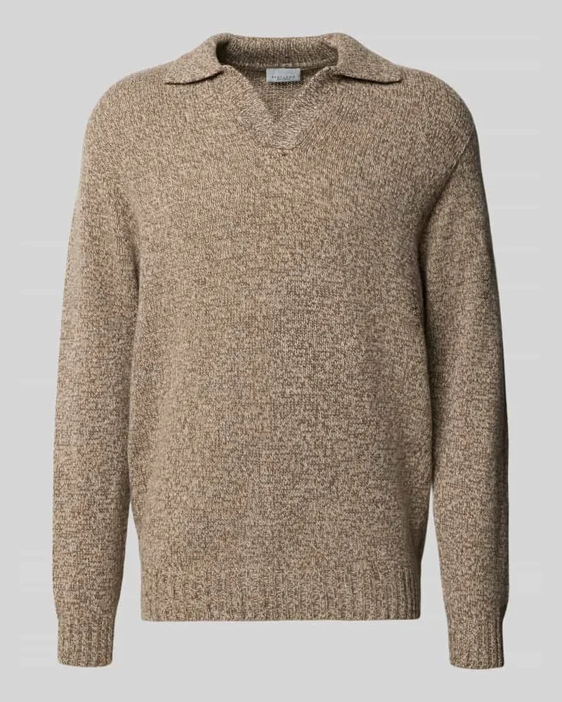 Profuomo Strickpullover mit Polokragen und V-Ausschnitt Hellbraun