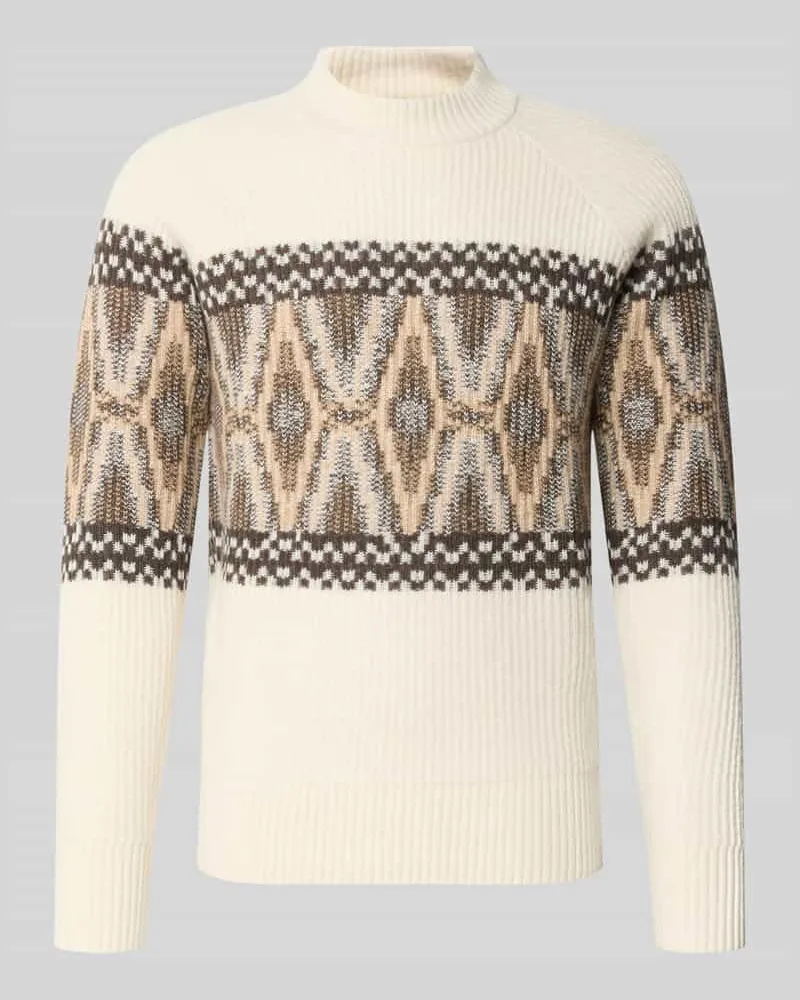 Bugatti Strickpullover aus Woll-Mix mit Stehkragen Ecru