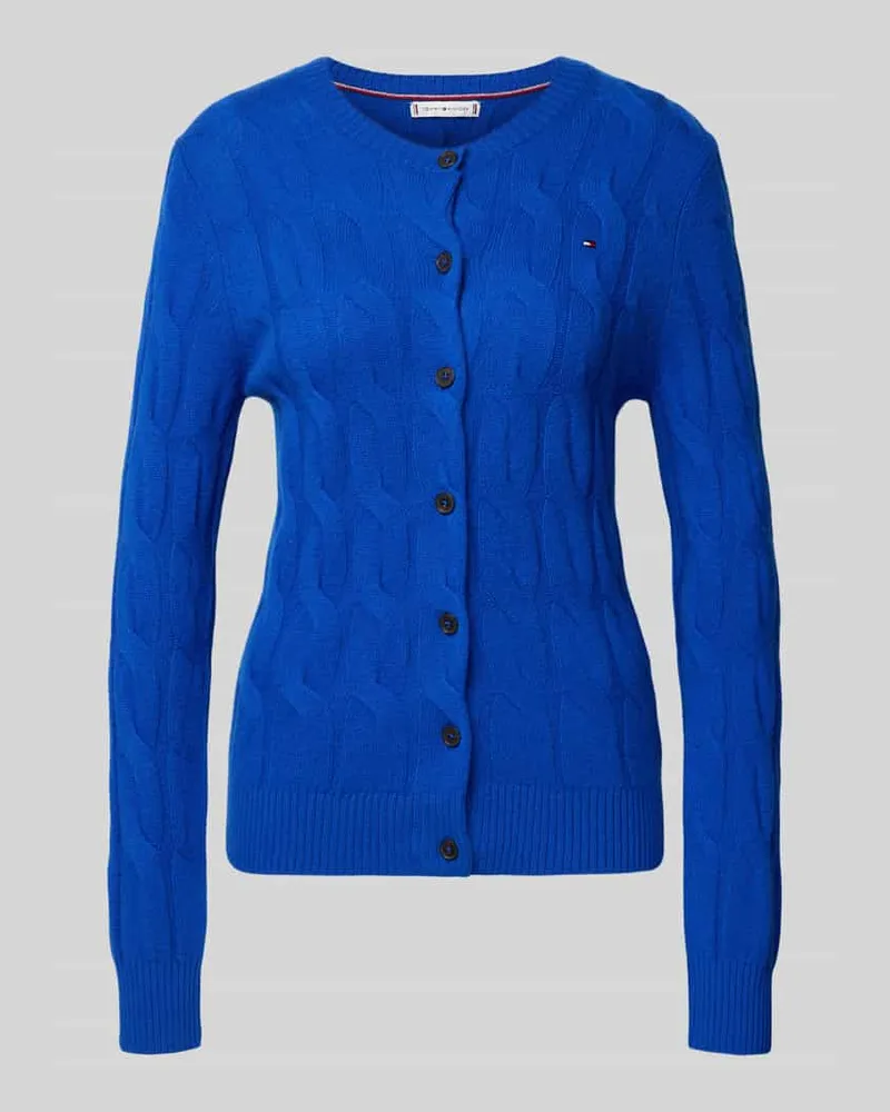 Tommy Hilfiger Regular Fit Strickjacke aus reiner Wolle mit Zopf-Muster Royal