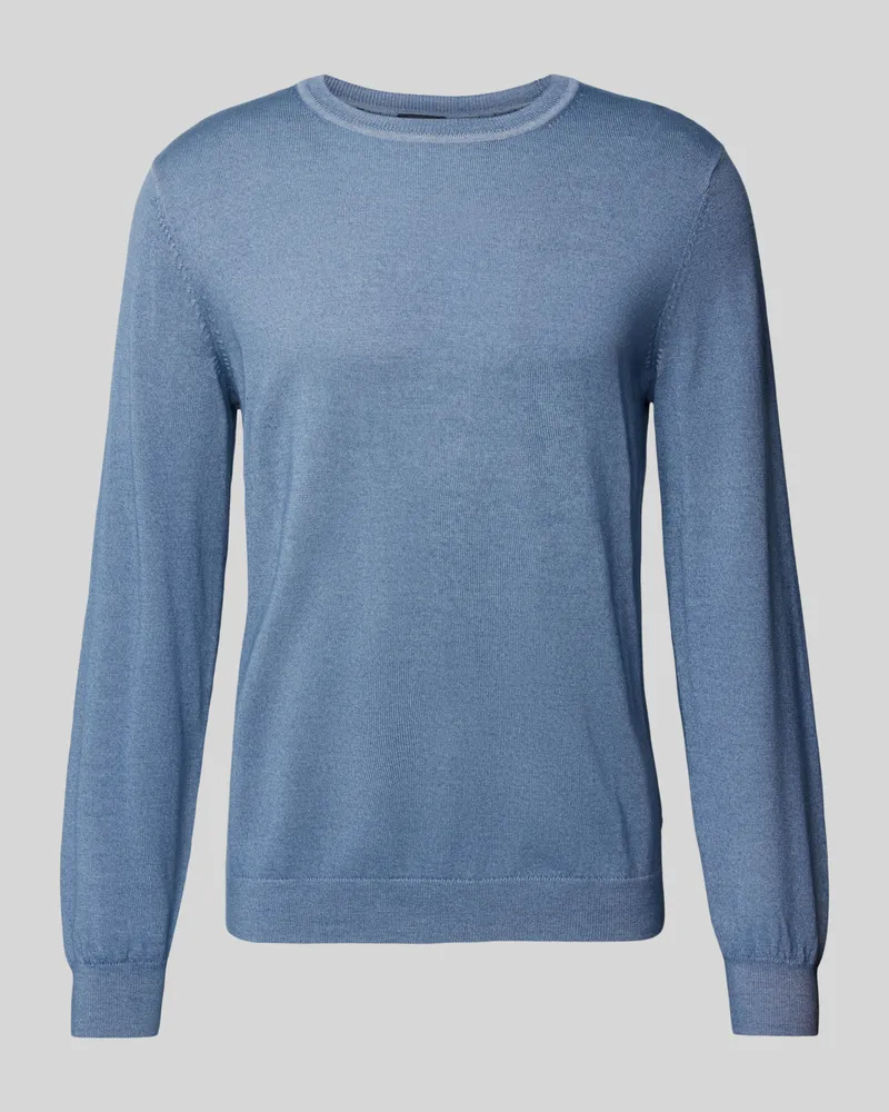 Olymp Slim Fit Strickpullover aus Schurwolle mit Rundhalsausschnitt Hellblau