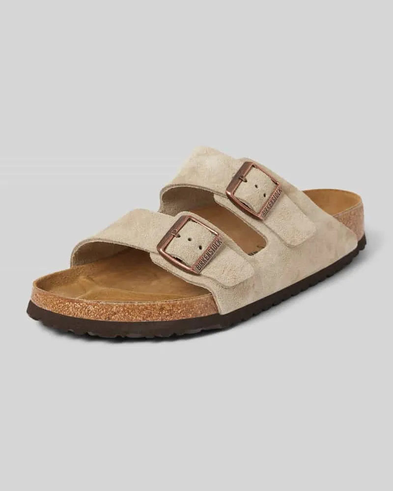 Birkenstock Lederslides mit Dornschließen Modell 'Arizona Taupe