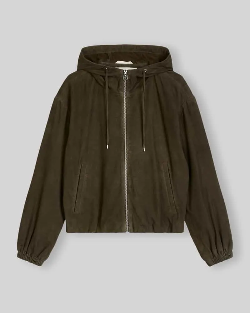 Marc O'Polo Regular Fit Lederjacke aus Ziegenvelours mit Kapuze Mittelbraun