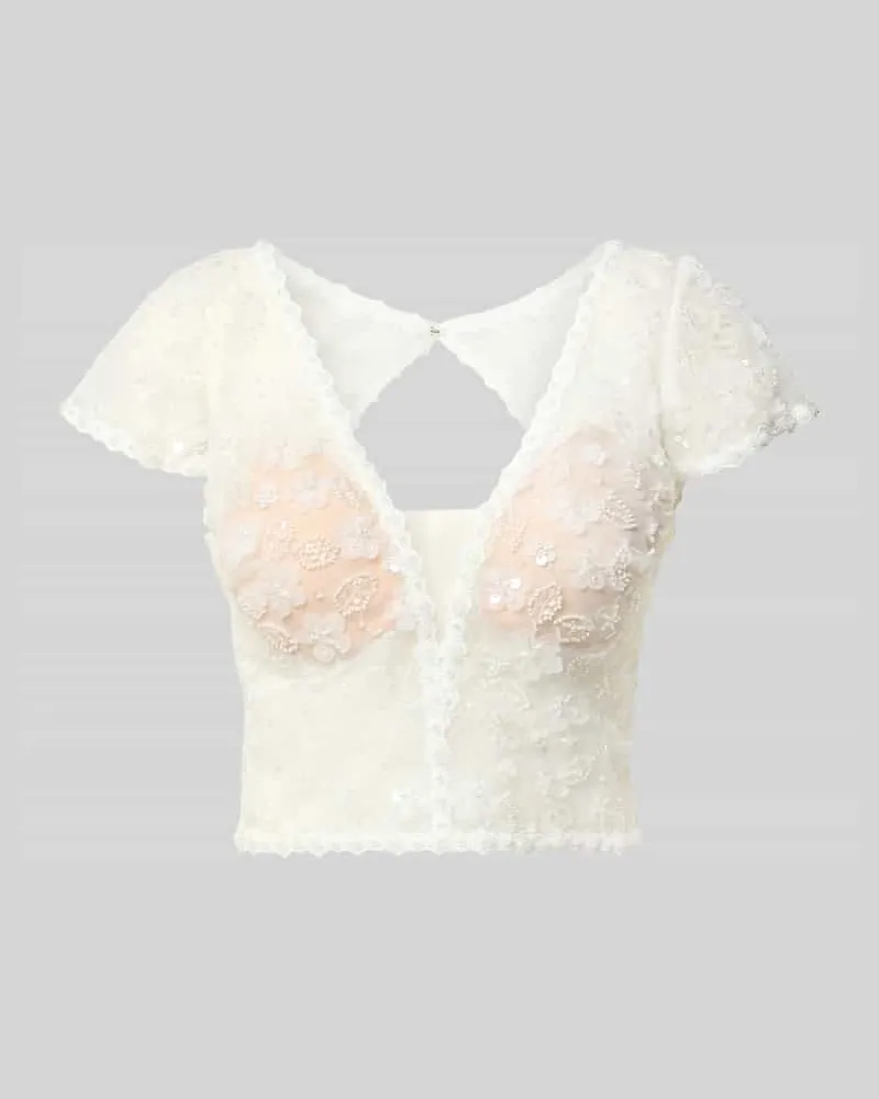 LUXUAR Cropped Blusenshirt mit Perlen und V-Ausschnitt Offwhite